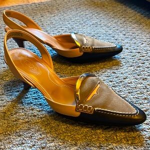 Tods Mary Jane Slingback - Black / Brown with Metal Accents, 2” Heel, Size 5.5